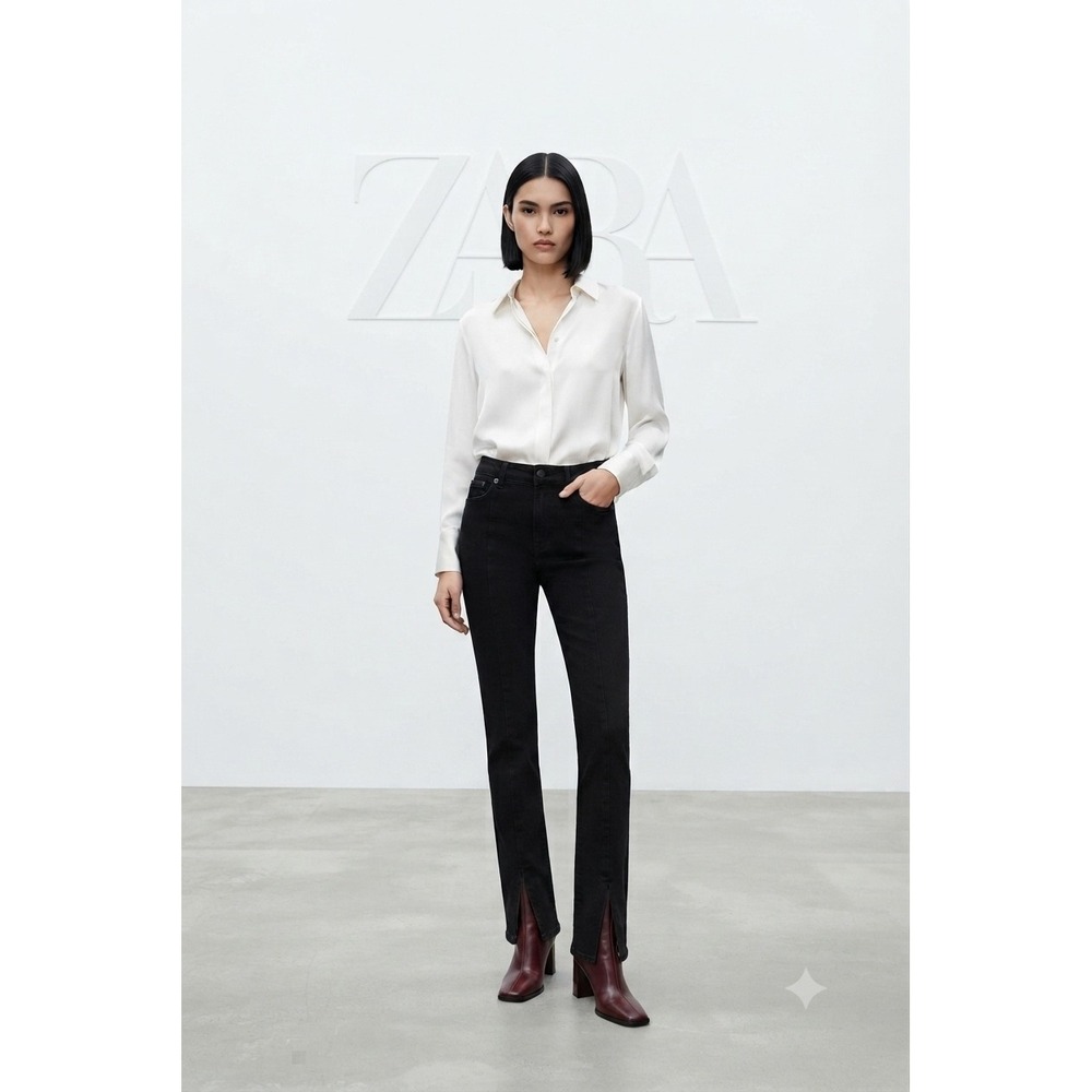 Zara The Olivia Split Hem Straight Leg‎ Jeans Black High Rise 9863/253 Size 10